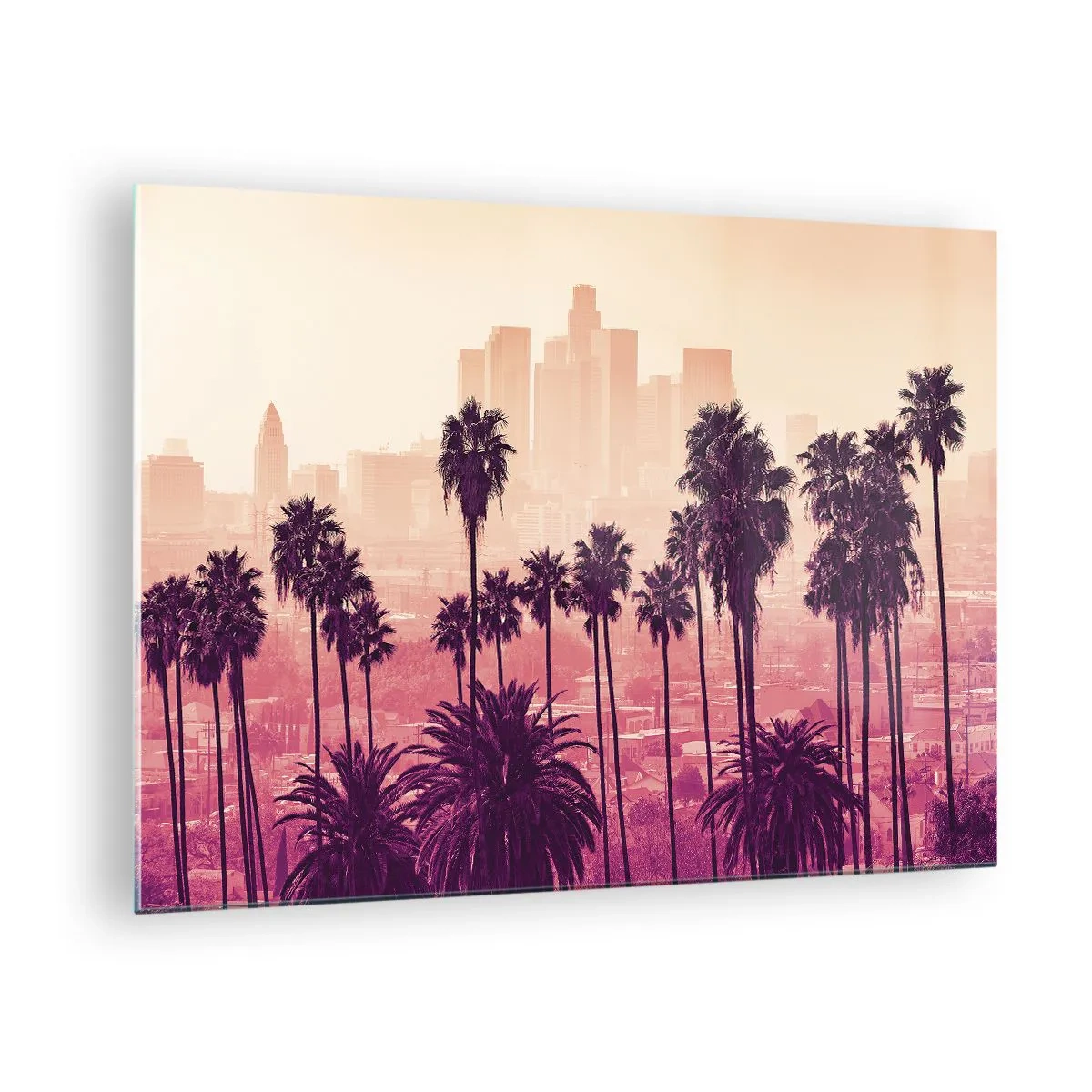 Cuadro sobre vidrio - Impresiones sobre Vidrio - Palmeras con el horizonte de la ciudad como telón de fondo en cálidos tonos del atardecer. - 70x50cm - El paisaje de California - Decoración de pared moderna para salón y dormitorio ARTTOR