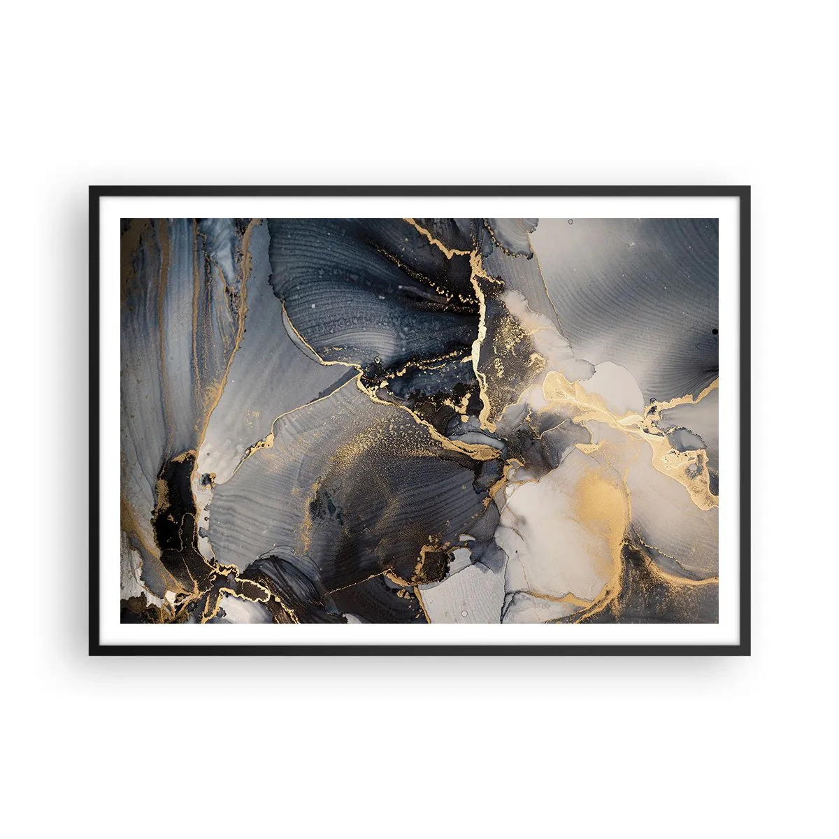 Póster en marco negro - Oro abstracto y gris sobre lienzo - 100x70cm - La vida de una piedra - Decoración de pared moderna para salón y dormitorio ARTTOR