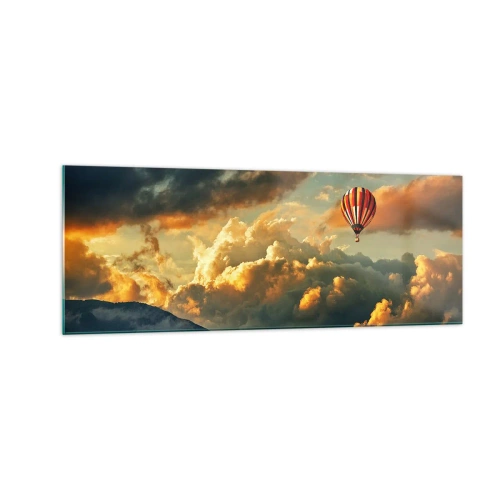 Cuadro sobre vidrio - Impresiones sobre Vidrio - Un globo contra un fondo de nubes dramáticas. - 140x50cm - Vuelo porque quiero - Decoración de pared moderna para salón y dormitorio ARTTOR
