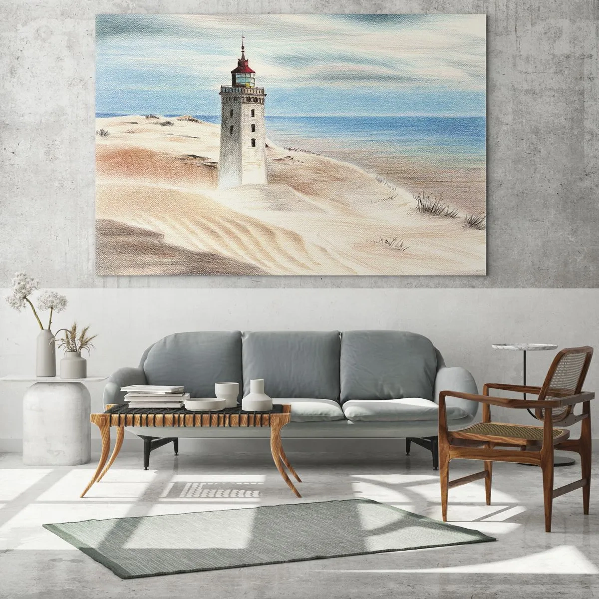 Cuadro sobre vidrio - Impresiones sobre Vidrio - Un faro en una duna del desierto junto a un mar en calma - 70x50cm - Siempre mirando al mar - Decoración de pared moderna para salón y dormitorio ARTTOR