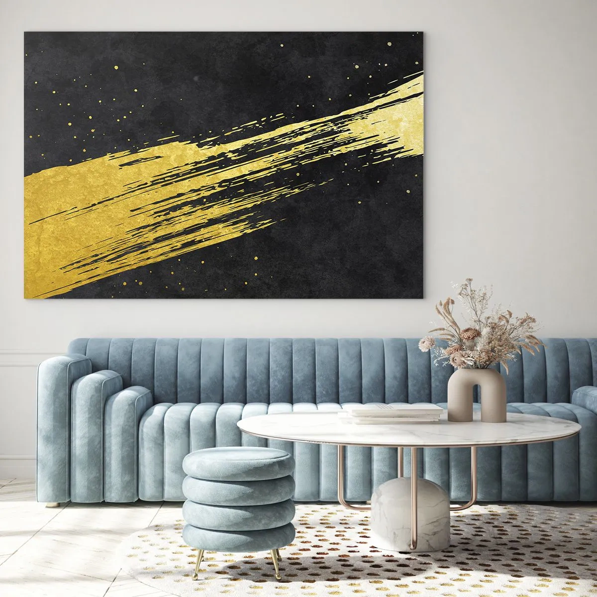 Cuadro sobre vidrio - Impresiones sobre Vidrio - Un pincel dorado sobre un fondo negro en una forma dinámica y abstracta. - 120x80cm - Saltar al hiperespacio - Decoración de pared moderna para salón y dormitorio ARTTOR