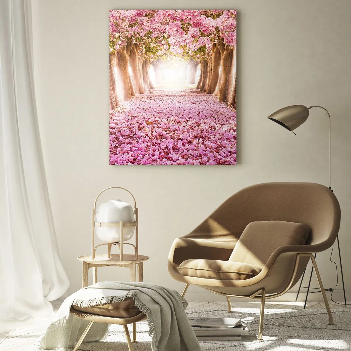 Cuadro sobre vidrio - Impresiones sobre Vidrio - Una avenida de árboles en flor en tonos rosa. - 70x100cm - El camino al paraíso - Decoración de pared moderna para salón y dormitorio ARTTOR