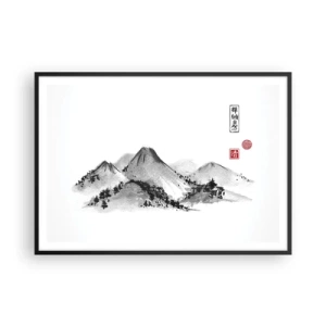 Póster en marco negro - Paisaje de montaña tradicional al estilo de la pintura de tinta japonesa. - 100x70cm - Más allá de lo lejano - Decoración de pared moderna para salón y dormitorio ARTTOR