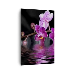 Cuadro sobre lienzo - Impresión de Imagen - Orquídeas moradas sobre aguas tranquilas contra un fondo negro. - 80x120cm - Un reflejo lila de la belleza - Decoración de pared moderna para salón y dormitorio ARTTOR