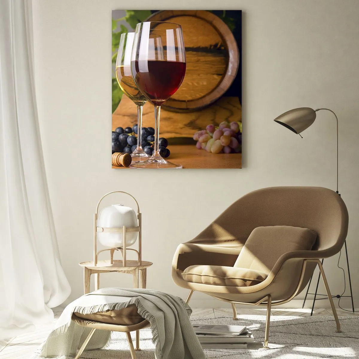 Cuadro sobre vidrio - Impresiones sobre Vidrio - Copas de vino con uvas, un barril y botellas sobre una mesa de madera - 70x100cm - Como los antiguos maestros - Decoración de pared moderna para salón y dormitorio ARTTOR
