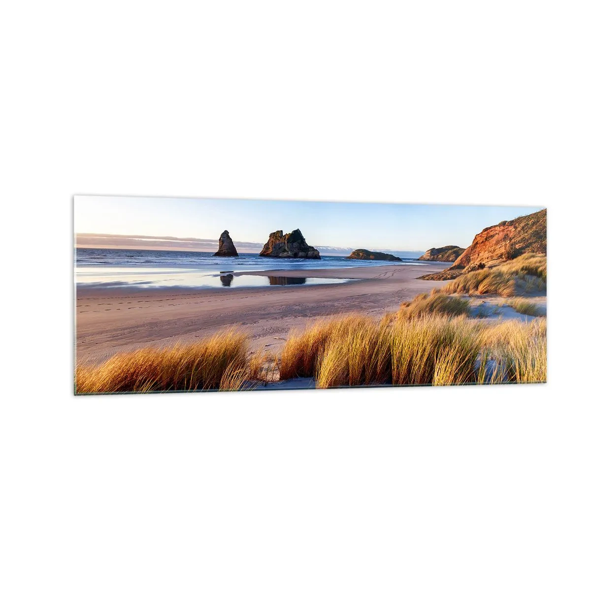 Cuadro sobre vidrio - Impresiones sobre Vidrio - Una playa pintoresca con vistas a las rocas y al mar al atardecer. - 140x50cm - Para buscadores de tranquilidad - Decoración de pared moderna para salón y dormitorio ARTTOR