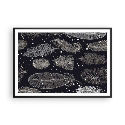 Póster en marco negro - Delicadas plumas blancas sobre un fondo azul marino. - 100x70cm - Encaje de plumas - Decoración de pared moderna para salón y dormitorio ARTTOR