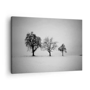 Cuadro sobre lienzo - Impresión de Imagen - Tres árboles en un campo nevado en estilo monocromático. - 70x50cm - ¿Con qué sueñan? - Decoración de pared moderna para salón y dormitorio ARTTOR