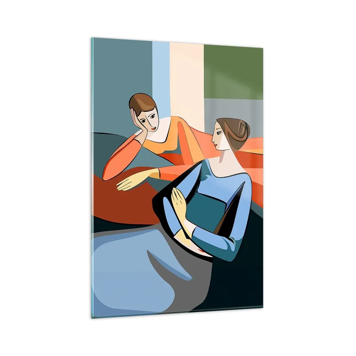 Cuadro sobre vidrio - Impresiones sobre Vidrio - Ilustración abstracta de dos mujeres en estilo cubista. - 80x120cm - Un momento de confidencias - Decoración de pared moderna para salón y dormitorio ARTTOR