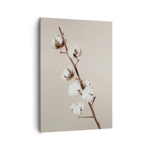 Cuadro sobre lienzo - Impresión de Imagen - Una ramita de algodón sobre un fondo beige. - 50x70cm - En la fuente de la suavidad - Decoración de pared moderna para salón y dormitorio ARTTOR