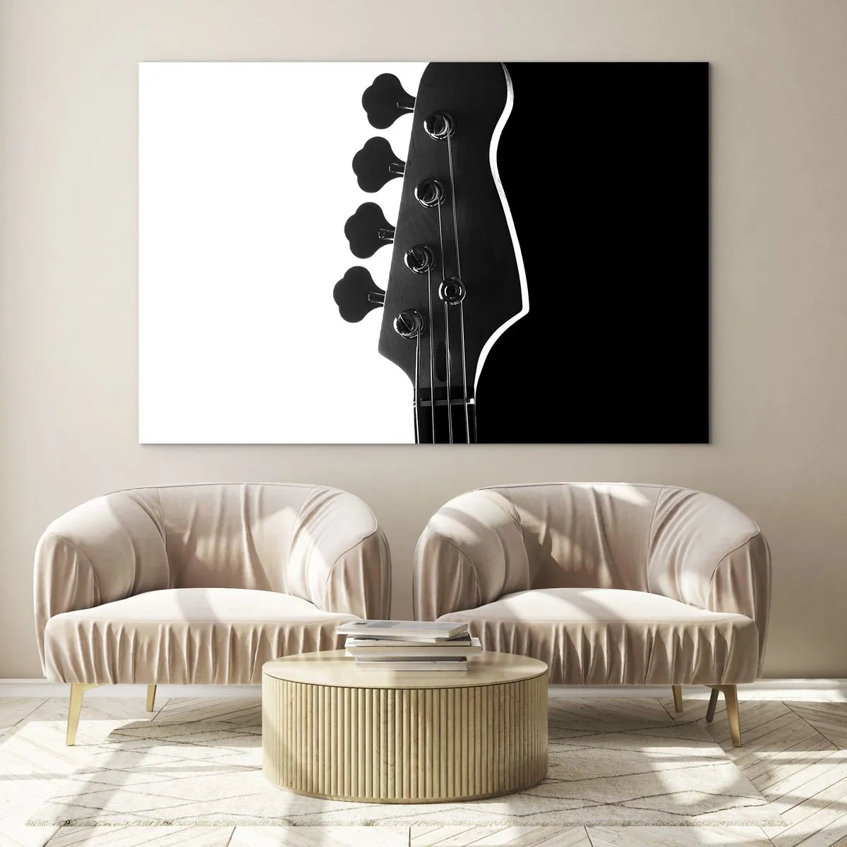 Cuadro sobre vidrio - Impresiones sobre Vidrio - Clavijero de bajo en blanco y negro con sombra - 100x70cm - Silencio musical - Decoración de pared moderna para salón y dormitorio ARTTOR