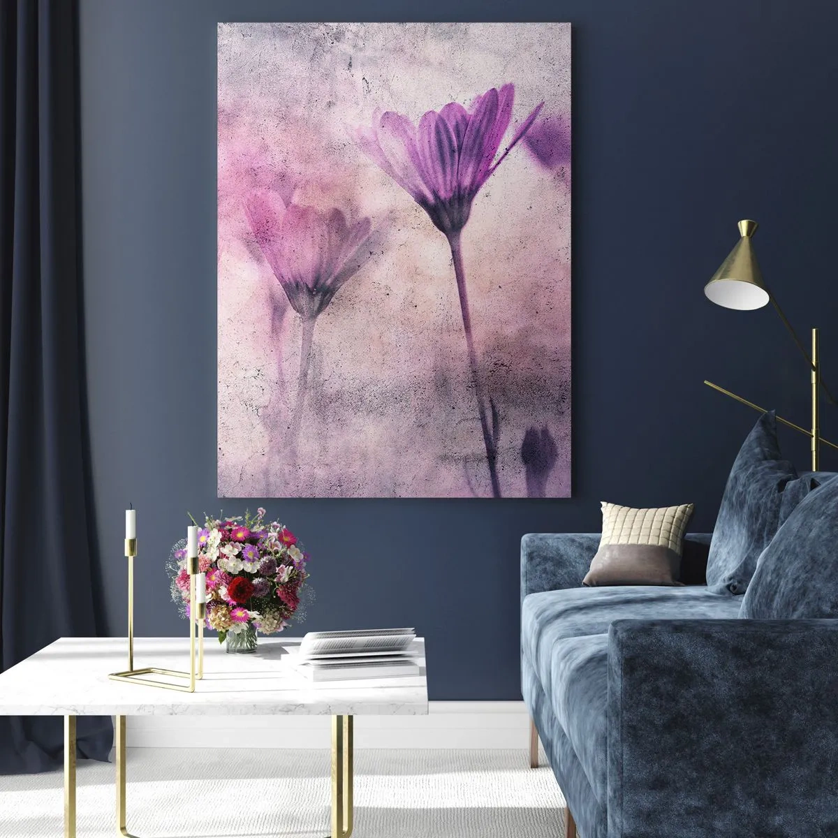 Cuadro sobre vidrio - Impresiones sobre Vidrio - Delicadas flores en tonos morados sobre un fondo claro. - 80x120cm - Sueño de flores - Decoración de pared moderna para salón y dormitorio ARTTOR