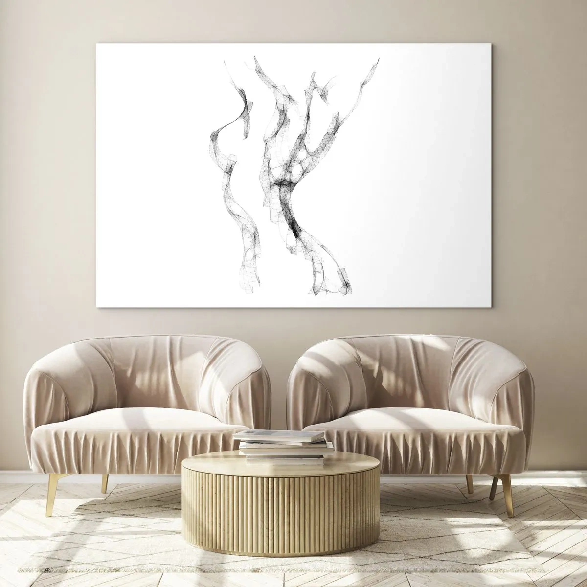 Cuadro sobre vidrio - Impresiones sobre Vidrio - Contorno femenino abstracto hecho de líneas negras y ahumadas - 70x50cm - Hermosa y fuerte - Decoración de pared moderna para salón y dormitorio ARTTOR