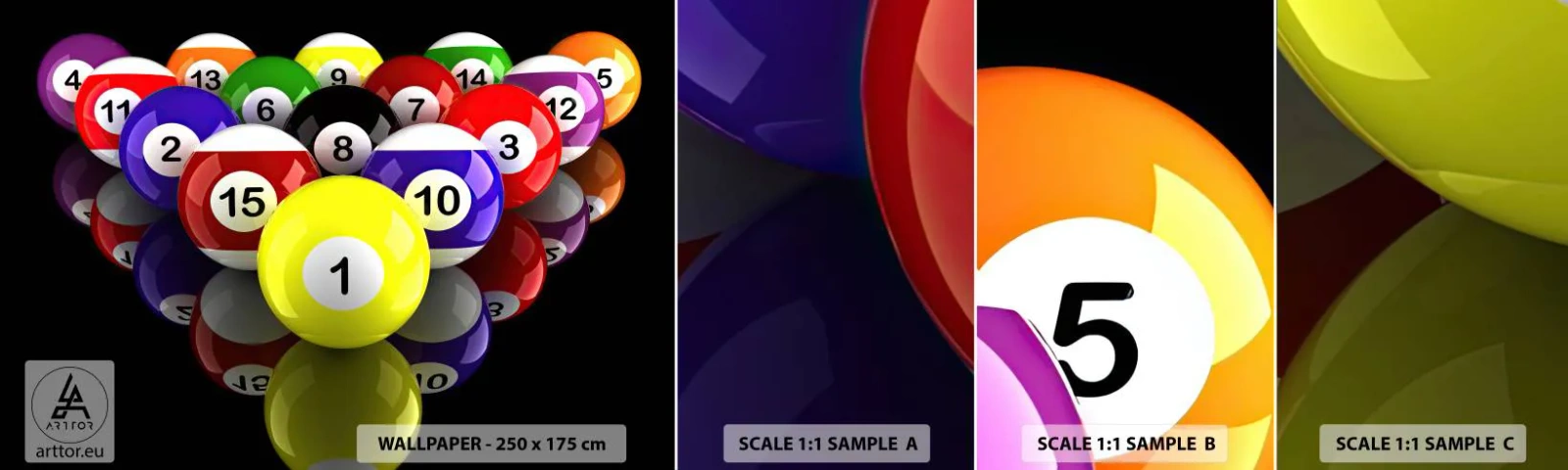 Muestra de fotomural autoadhesivo Deluxe Sticker - Diferentes colores del juego - Deporte, Billar, bolas de billar - 100x30 cm