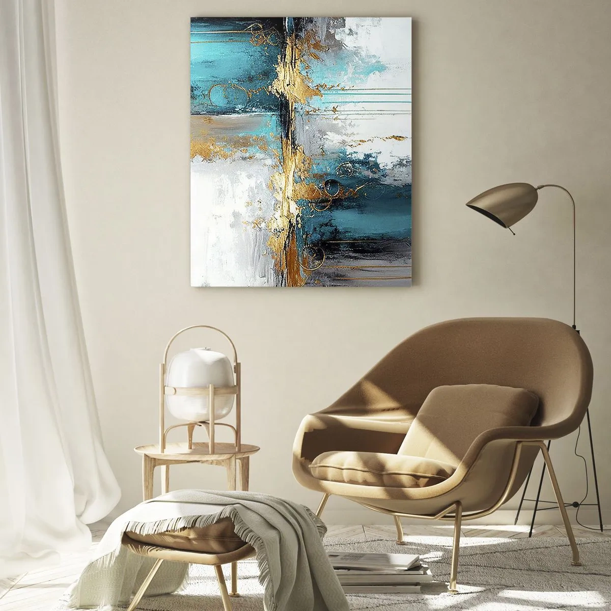 Cuadro sobre vidrio - Impresiones sobre Vidrio - Abstracción con turquesa y oro sobre fondo blanco. - 50x70cm - Todo fluye - Decoración de pared moderna para salón y dormitorio ARTTOR