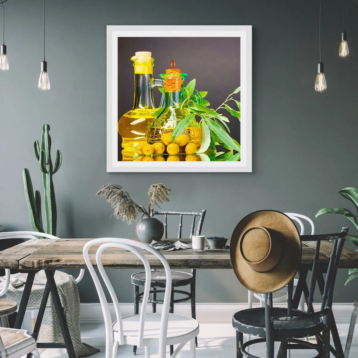 Póster en marco blanco - Bodegón con aceitunas y aceite - 50x50 cm