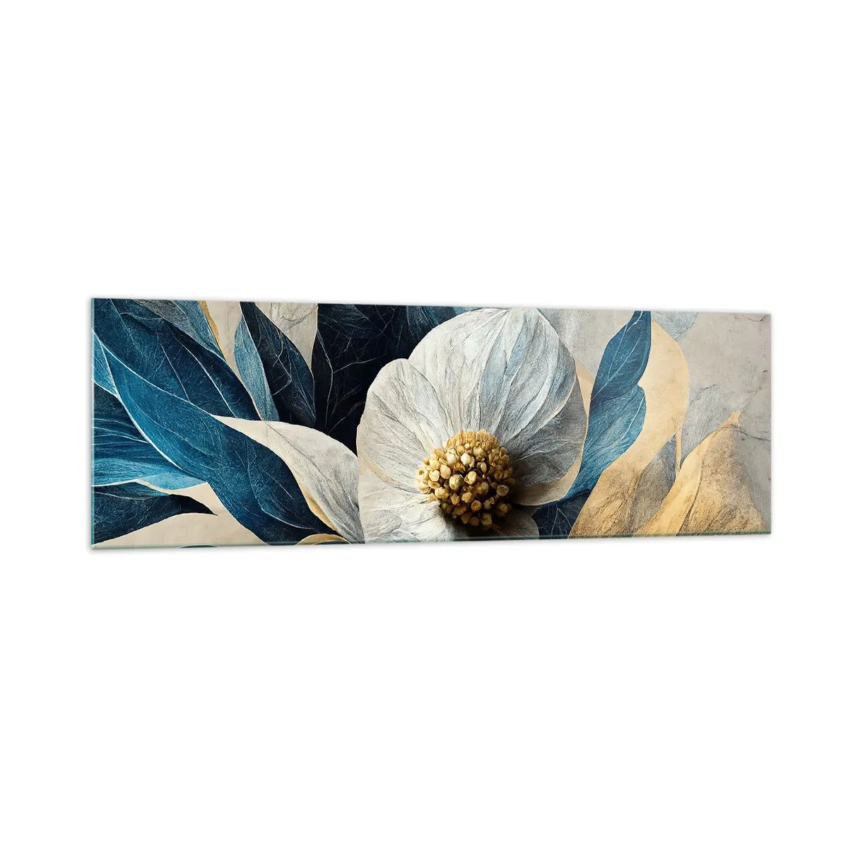 Cuadro sobre vidrio - Impresiones sobre Vidrio - Una flor con hojas azules sobre un fondo elegante. - 160x50cm - Con un corazón de oro - Decoración de pared moderna para salón y dormitorio ARTTOR