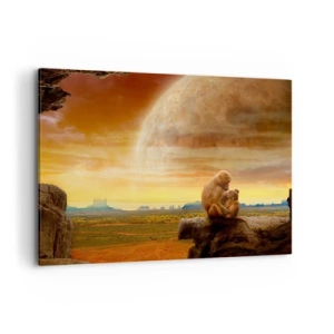 Cuadro sobre lienzo - Impresión de Imagen - Monos sentados en una roca en un paisaje surrealista con un planeta gigante. - 100x70cm - El amor es igual en todas partes - Decoración de pared moderna para salón y dormitorio ARTTOR