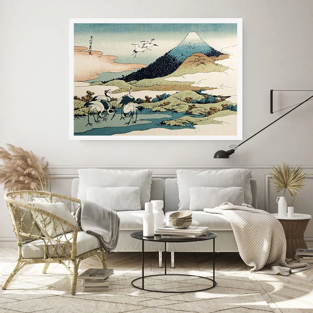 Póster - Gráficos tradicionales japoneses con montañas y grúas. - 100x70cm - Alma japonesa - Decoración de pared moderna para salón y dormitorio ARTTOR