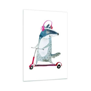 Cuadro sobre vidrio - Impresiones sobre Vidrio - Tejón en un scooter con auriculares rosas - 70x100cm - Alegrías de tejón - Decoración de pared moderna para salón y dormitorio ARTTOR