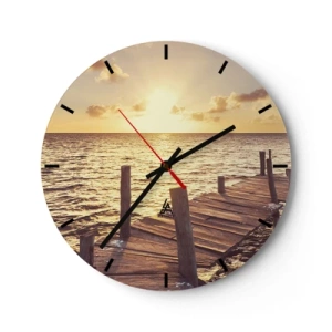 Reloj de pared - Reloj de vidrio - Muelle de madera al atardecer - 30x30cm - Una tierra dorada de dulzura - Decoración de pared moderna para salón, cocina y dormitorio ARTTOR