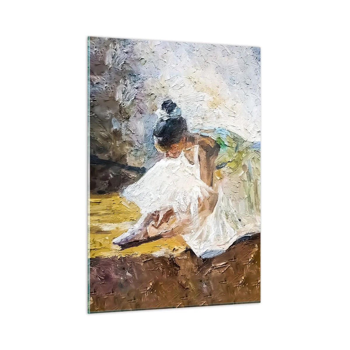 Cuadro sobre vidrio - Impresiones sobre Vidrio - Una bailarina inclinada hacia adelante con un vestido blanco pintado con una textura de óleo. - 50x70cm - De un cuadro de Degas - Decoración de pared moderna para salón y dormitorio ARTTOR