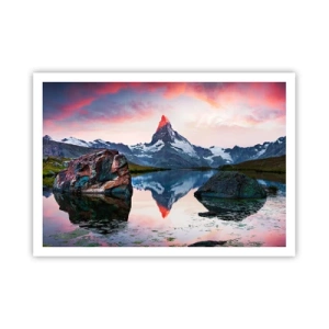 Póster - Un pico de montaña reflejado en un lago al atardecer. - 100x70cm - El corazón de las montañas arde - Decoración de pared moderna para salón y dormitorio ARTTOR