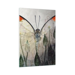 Cuadro sobre vidrio - Impresiones sobre Vidrio - Una mariposa con alas naranjas sobre un fondo de flores estilizadas. - 80x120cm - Donde la mariposa se mece en la hierba - Decoración de pared moderna para salón y dormitorio ARTTOR