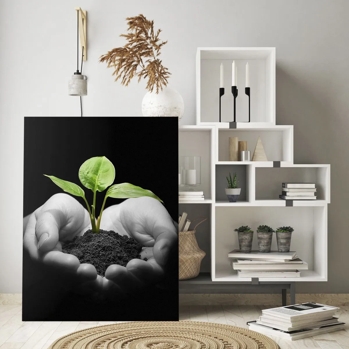 Cuadro sobre vidrio - Impresiones sobre Vidrio - Una planta joven en las manos sobre un fondo negro. - 50x70cm - Amo la naturaleza, la protejo - Decoración de pared moderna para salón y dormitorio ARTTOR