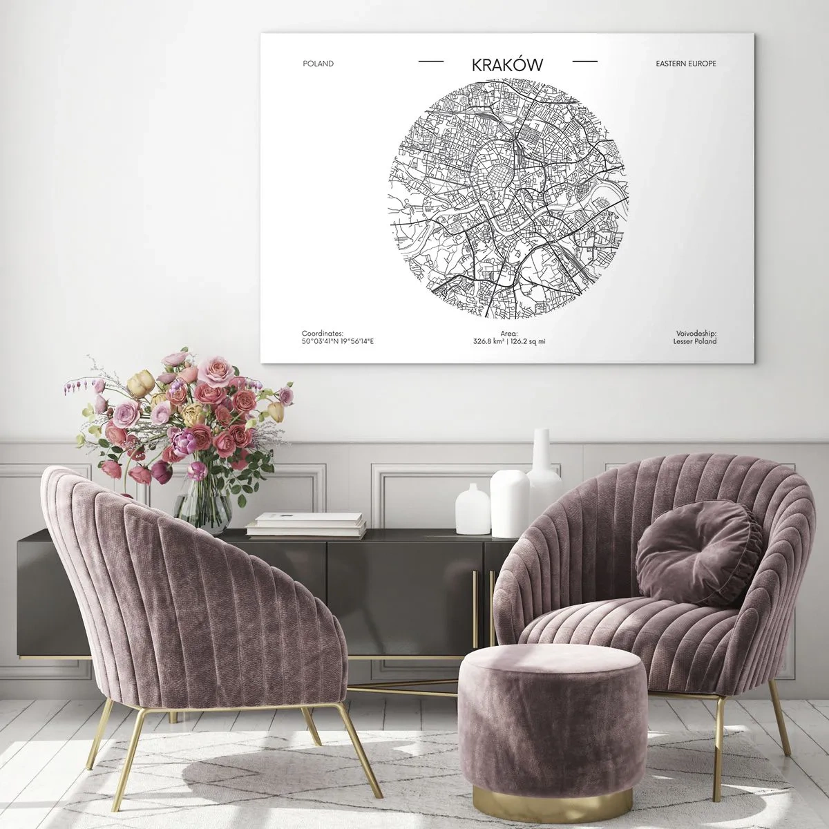 Cuadro sobre vidrio - Impresiones sobre Vidrio - Un mapa de Cracovia en un estilo de ilustración en blanco y negro - 70x50cm - Anatomía de Cracovia - Decoración de pared moderna para salón y dormitorio ARTTOR