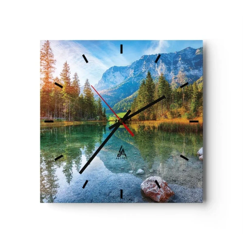 Reloj de pared - Reloj de vidrio - Un pintoresco lago rodeado de montañas y bosques. - 30x30cm - La dulzura del otoño - Decoración de pared moderna para salón y dormitorio ARTTOR