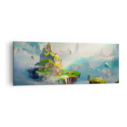 Cuadro sobre lienzo - Impresión de Imagen - Islas voladoras entre las nubes con un arcoíris en el horizonte. - 140x50cm - El medio de la nada - islas flotantes - Decoración de pared moderna para salón y dormitorio ARTTOR