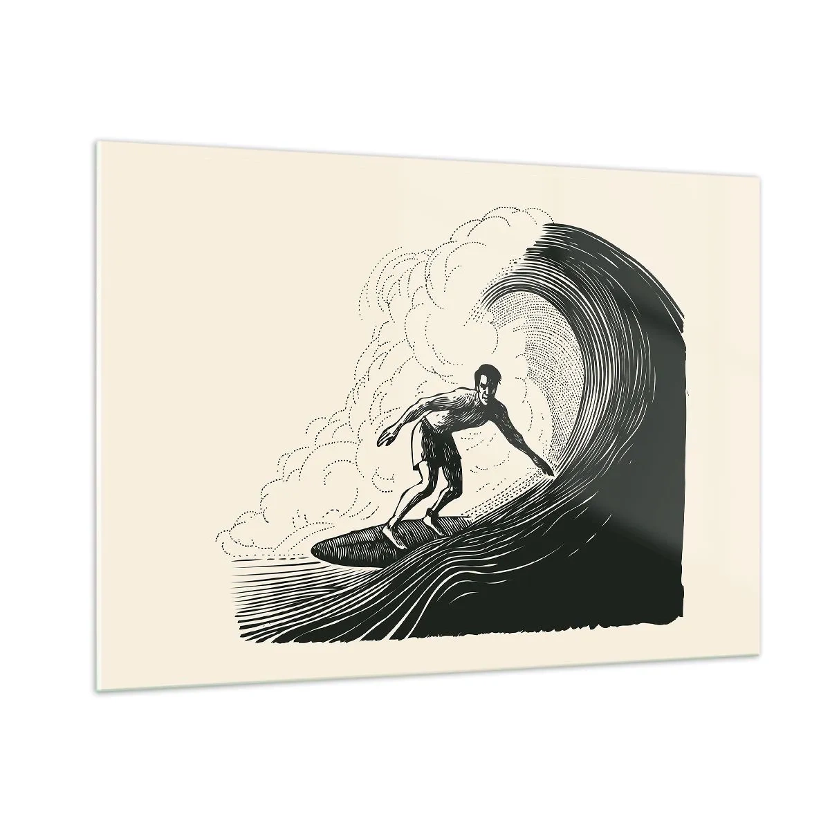 Cuadro sobre vidrio - Impresiones sobre Vidrio - Surfista montando una ola alta en un estilo de dibujo retro. - 100x70cm - Rey de la ola - Decoración de pared moderna para salón y dormitorio ARTTOR