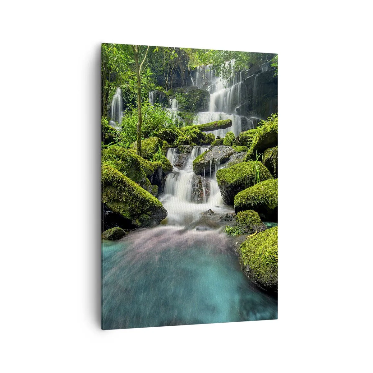 Cuadro sobre lienzo - Impresión de Imagen - Una cascada tropical rodeada de vegetación y agua turquesa. - 70x100cm - Turquesa, zafiro y plata líquida - Decoración de pared moderna para salón y dormitorio ARTTOR