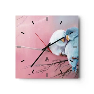 Reloj de pared - Reloj de vidrio - Dos pájaros enamorados en una rama sobre un fondo rosa. - 30x30cm - Qué añadir aquí... - Decoración de pared moderna para salón y dormitorio ARTTOR