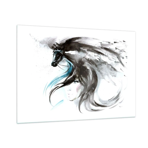 Cuadro sobre vidrio - Impresiones sobre Vidrio - Retrato de una mujer y un caballo en una composición artística y dinámica. - 100x70cm - El galope del Príncipe Negro - Decoración de pared moderna para salón y dormitorio ARTTOR