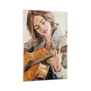 Cuadro sobre vidrio - Impresiones sobre Vidrio - Retrato de una niña tocando la guitarra en estilo pictórico con colores cálidos. - 80x120cm - Concierto de guitarra y corazón joven - Decoración de pared moderna para salón y dormitorio ARTTOR