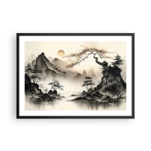 Póster en marco negro - Un paisaje oriental con montañas y una pagoda en tonos delicados. - 70x50cm - El encanto único de Oriente - Decoración de pared moderna para salón y dormitorio ARTTOR