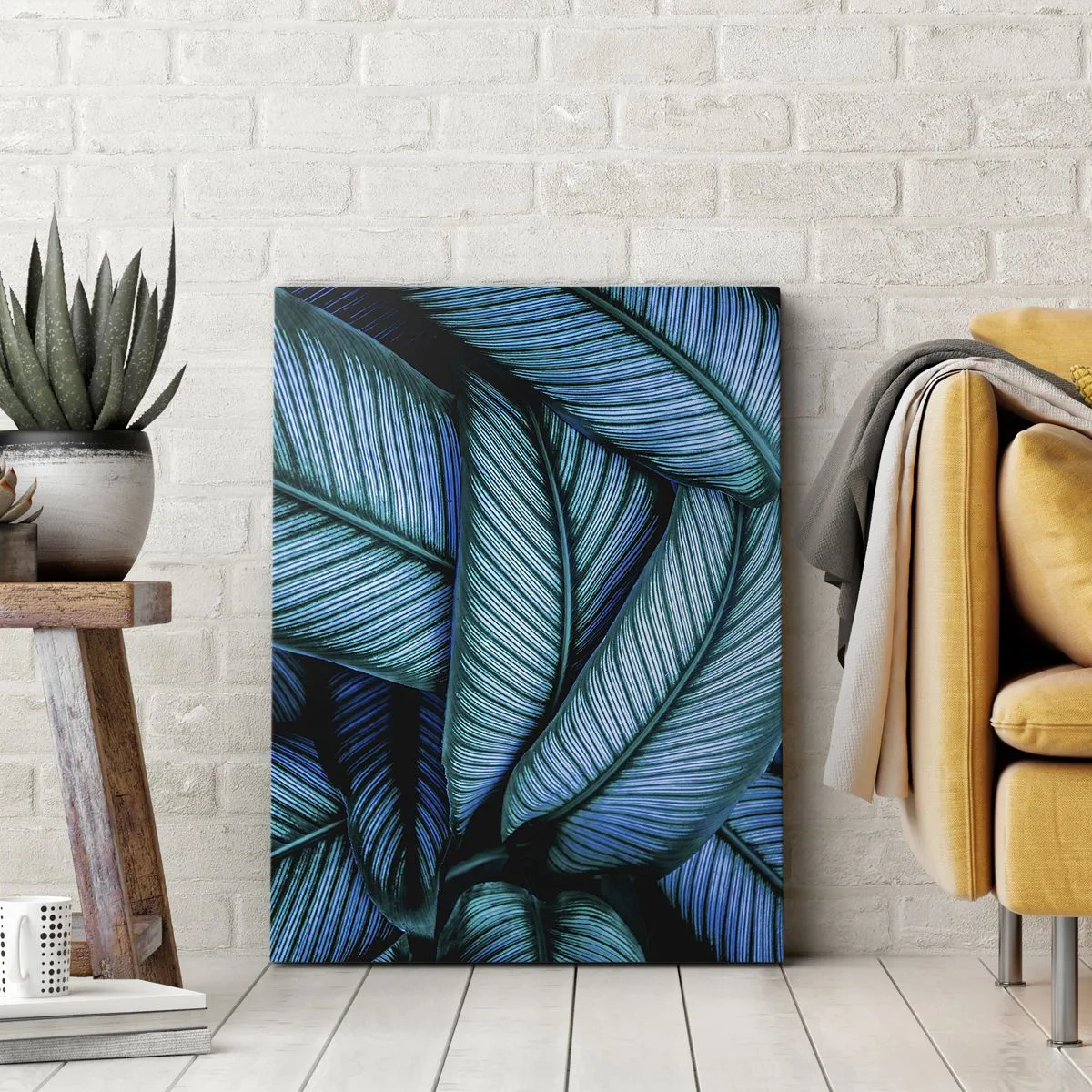 Cuadro sobre lienzo - Impresión de Imagen - Una toma de primer plano de hojas turquesas con vívidos detalles. - 50x70cm - Líneas de vida - Decoración de pared moderna para salón y dormitorio ARTTOR