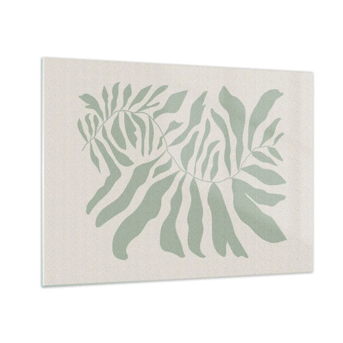 Cuadro sobre vidrio - Impresiones sobre Vidrio - Una rama esmeralda con formas orgánicas sobre un fondo claro. - 70x50cm - Rama esmeralda - Decoración de pared moderna para salón y dormitorio ARTTOR