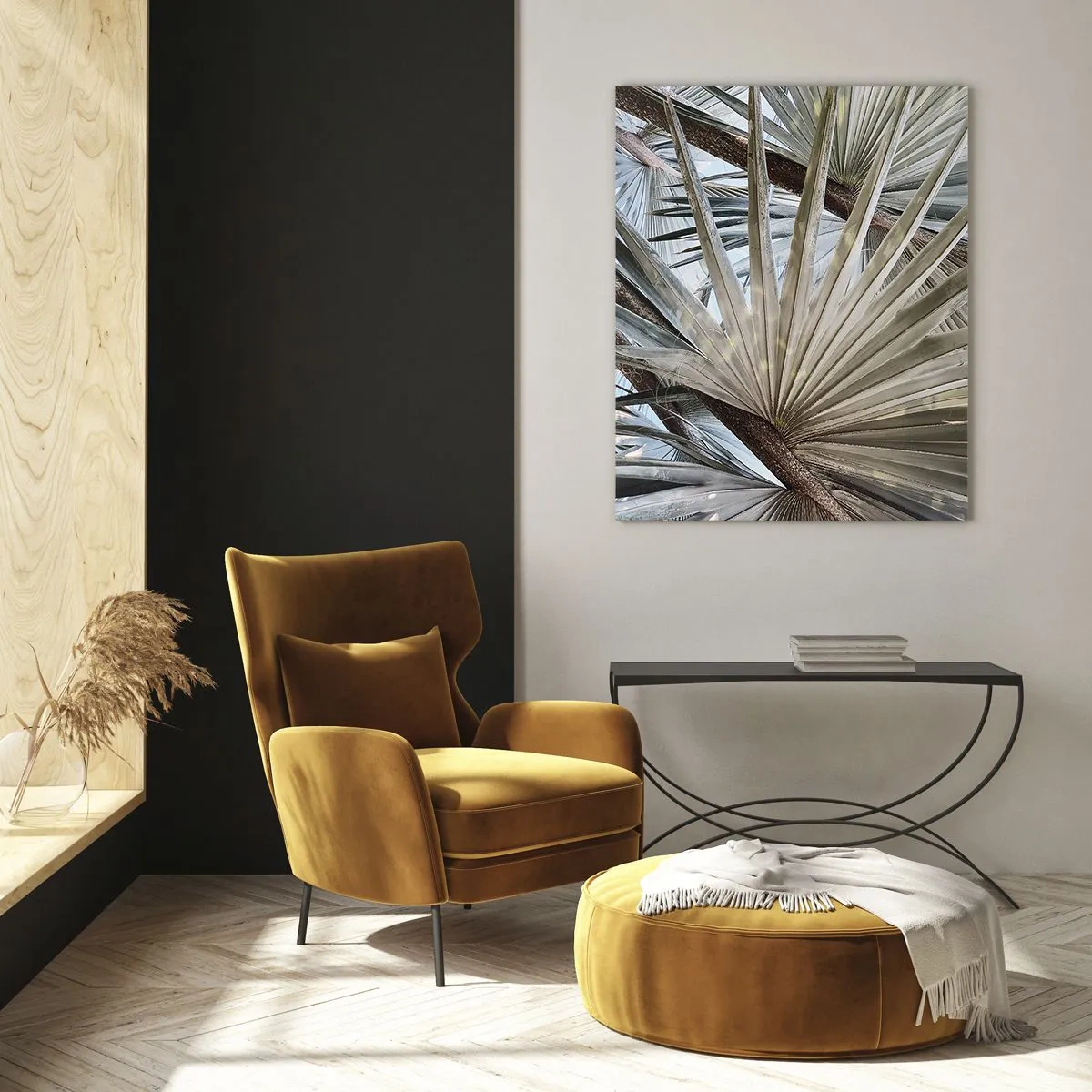 Cuadro sobre vidrio - Impresiones sobre Vidrio - Hojas de palma a plena luz del día - 50x70cm - Abanicos en el trópico - Decoración de pared moderna para salón y dormitorio ARTTOR