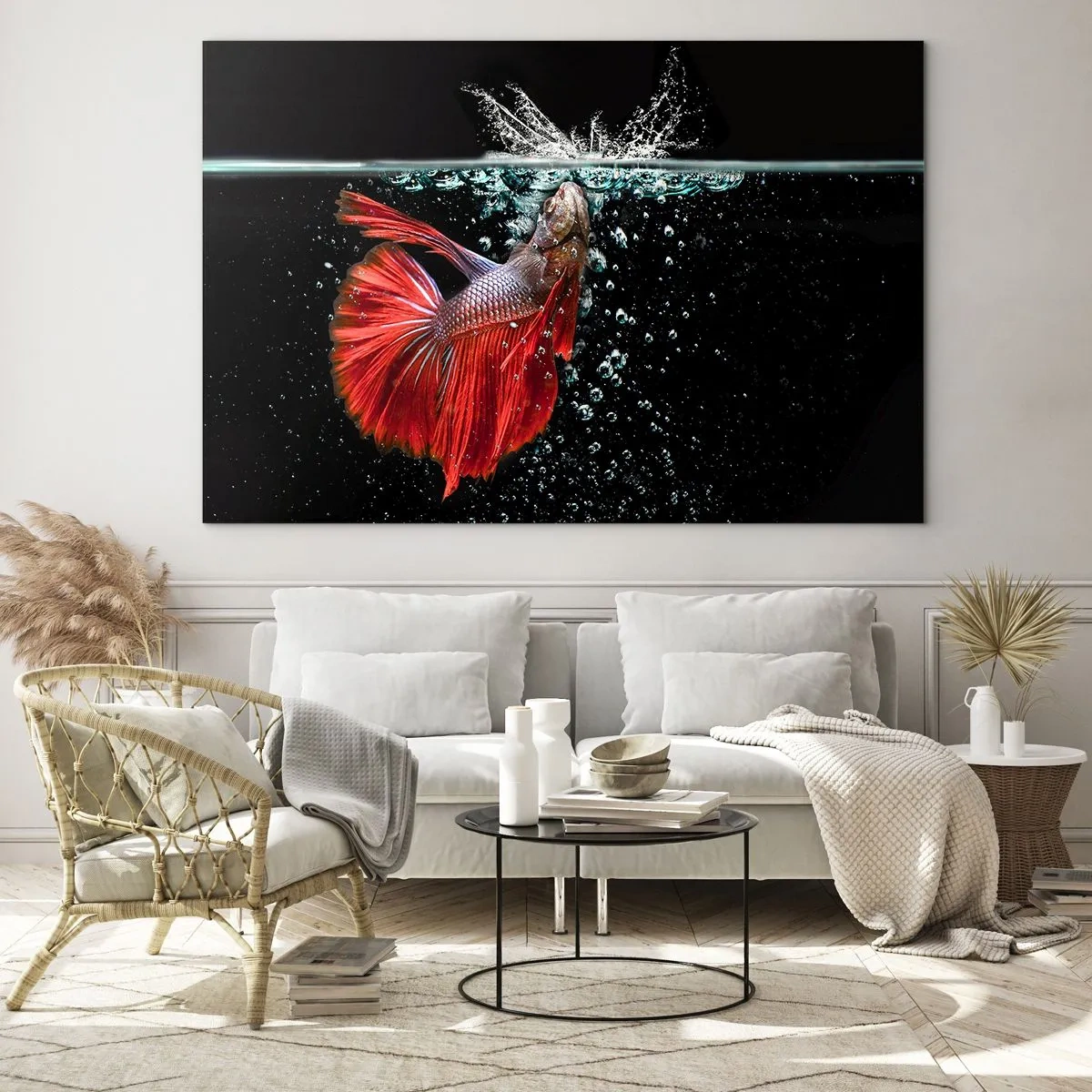 Cuadro sobre vidrio - Impresiones sobre Vidrio - Betta rojo en una composición de agua dinámica - 120x80cm - Tienes tres deseos - Decoración de pared moderna para salón y dormitorio ARTTOR
