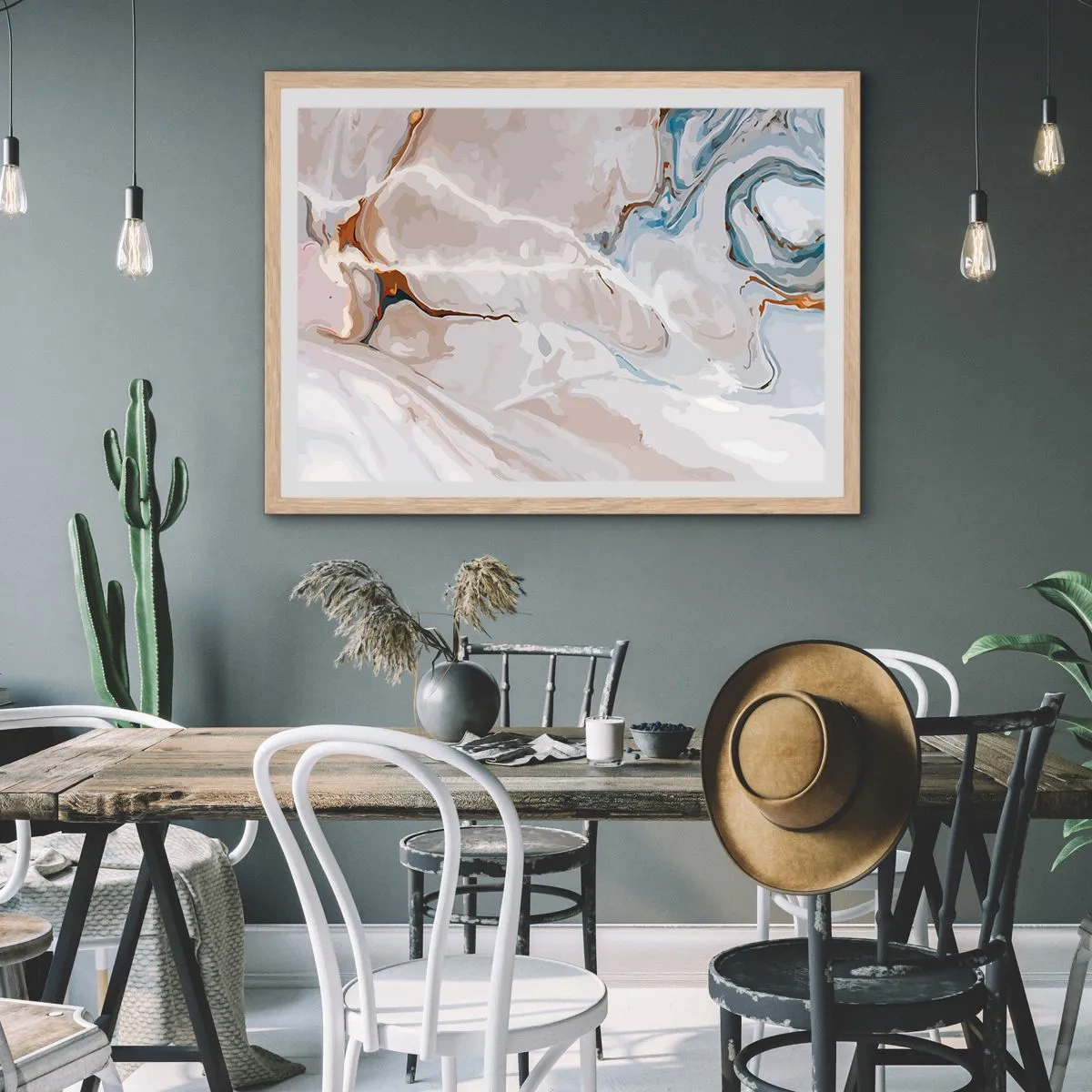Póster en marco roble claro - El azul serpentea por el blanco - 91x61 cm