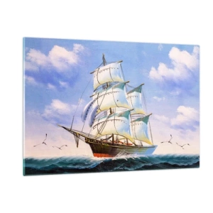 Cuadro sobre vidrio - Impresiones sobre Vidrio - Un velero en alta mar bajo un cielo azul. - 120x80cm - Orgulloso con el viento - Decoración de pared moderna para salón y dormitorio ARTTOR