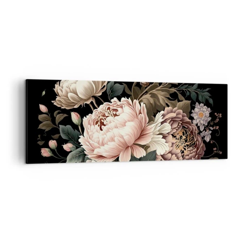 Cuadro sobre lienzo - Impresión de Imagen - Un ramo de flores rosas y mariposas sobre un fondo negro. - 140x50cm - En estilo barroco - Decoración de pared moderna para salón y dormitorio ARTTOR