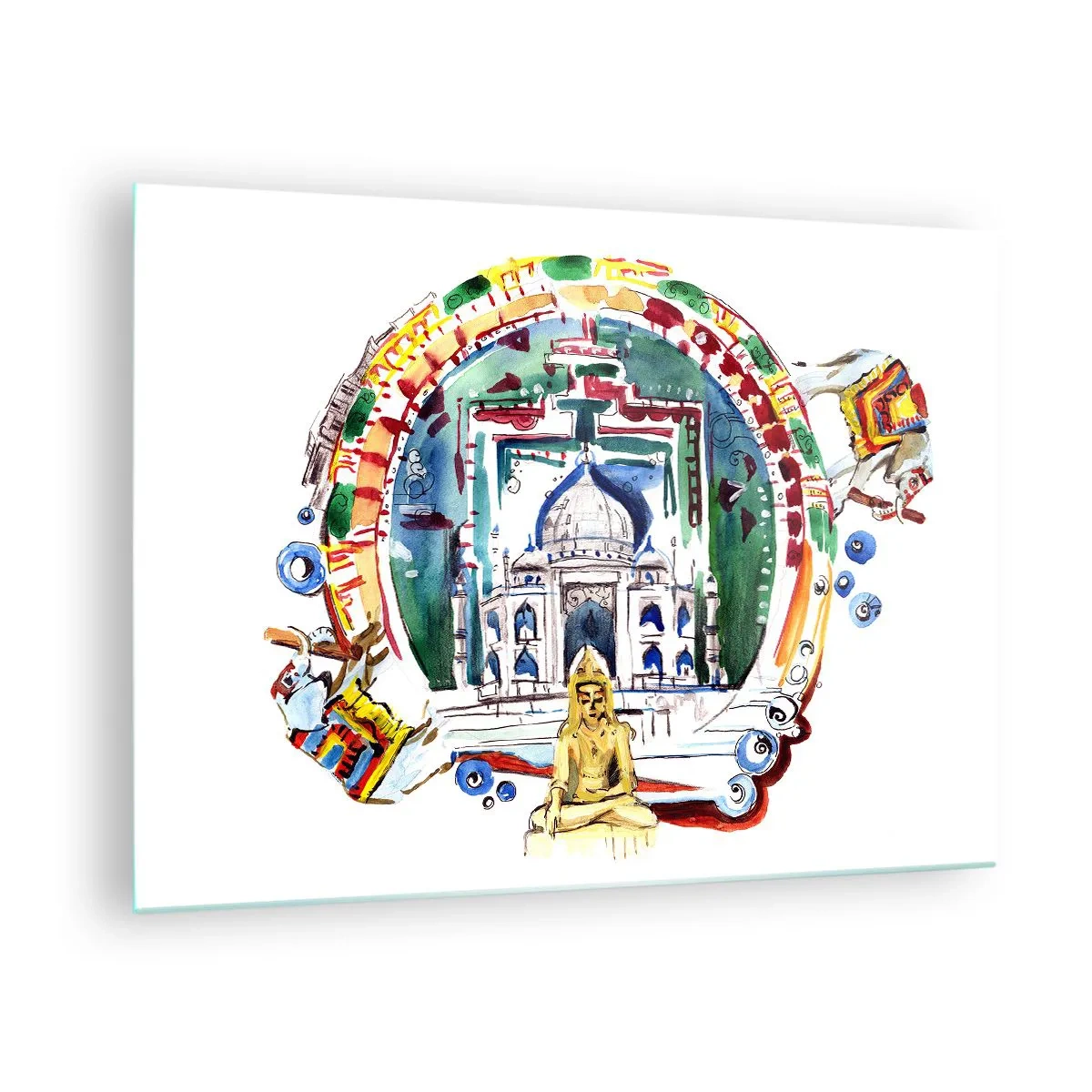Cuadro sobre vidrio - Impresiones sobre Vidrio - Ilustración colorida de monumentos indios en estilo acuarela - 70x50cm - Hindú - Decoración de pared moderna para salón y dormitorio ARTTOR