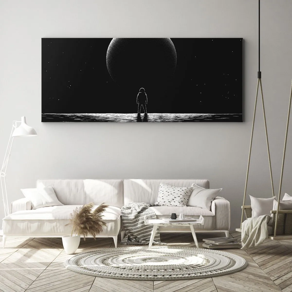 Cuadro sobre lienzo - Impresión de Imagen - Un astronauta con el telón de fondo de un gran planeta en el espacio exterior. - 160x50cm - Cara a cara - Decoración de pared moderna para salón y dormitorio ARTTOR
