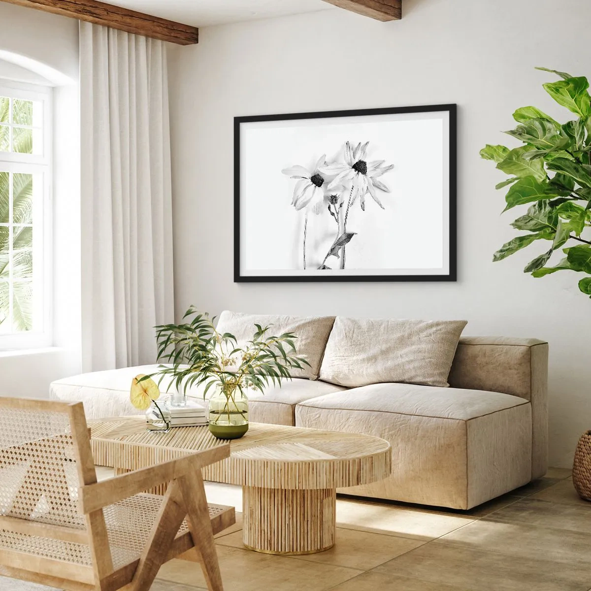 Póster en marco negro - Flores en blanco y negro con una composición sutil. - 100x70cm - Nadie quiere estar solo - Decoración de pared moderna para salón y dormitorio ARTTOR