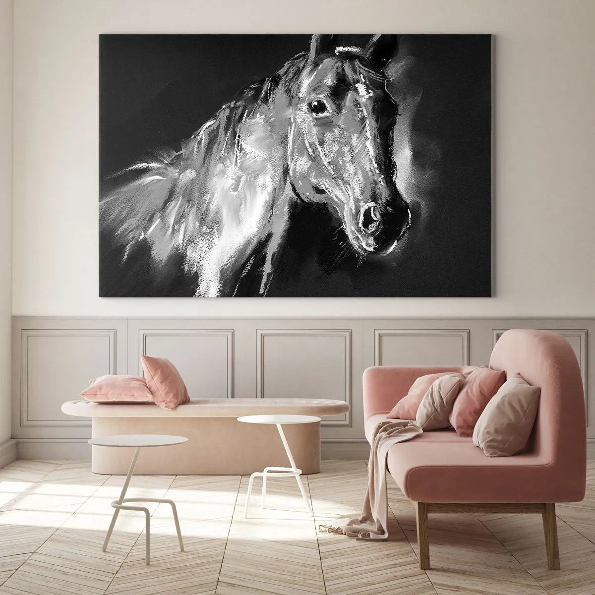 Cuadro sobre vidrio - Impresiones sobre Vidrio - Retrato de un caballo en tonos blanco y negro sobre un fondo oscuro. - 100x70cm - El brillo de un alma noble - Decoración de pared moderna para salón y dormitorio ARTTOR