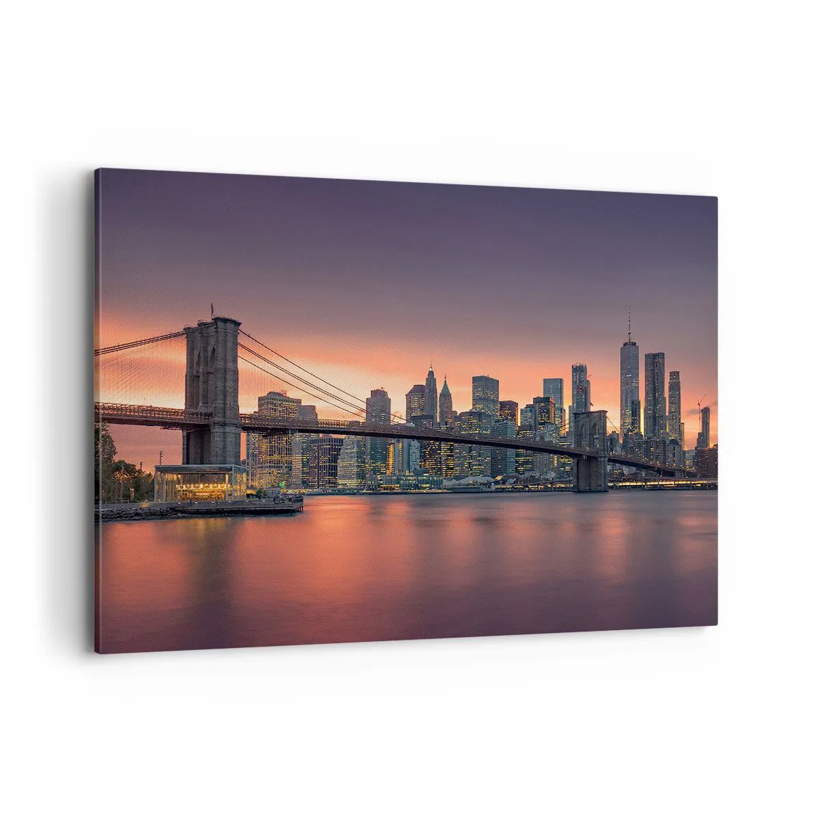 Cuadro sobre lienzo - Impresión de Imagen - Panorama nocturno de la ciudad con un puente y un cielo iluminado. - 120x80cm - Ahogado en el silencio lila - Decoración de pared moderna para salón y dormitorio ARTTOR